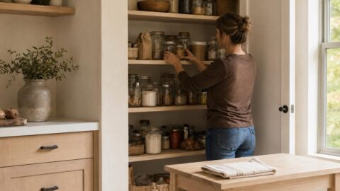Hazel straightens pantry shelves beside jars, boxes, and a small Botanic cleaner bottle on a kitchen cart.
