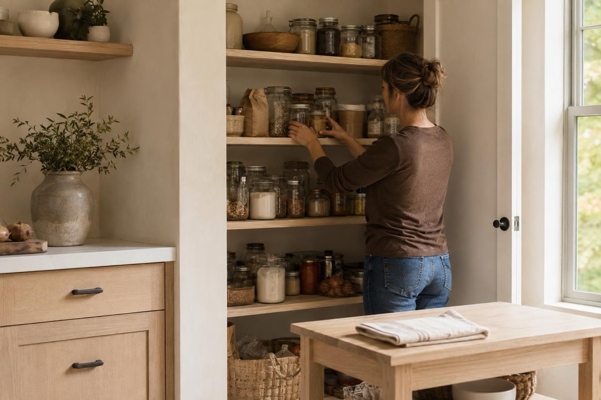 Hazel straightens pantry shelves beside jars, boxes, and a small Botanic cleaner bottle on a kitchen cart.