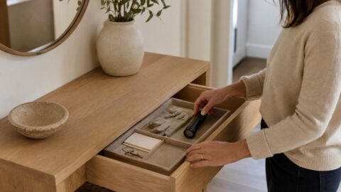 Hazel sorts keys, papers, and small household items beside an entryway drawer tray and a small Botanic cleaner bottle.