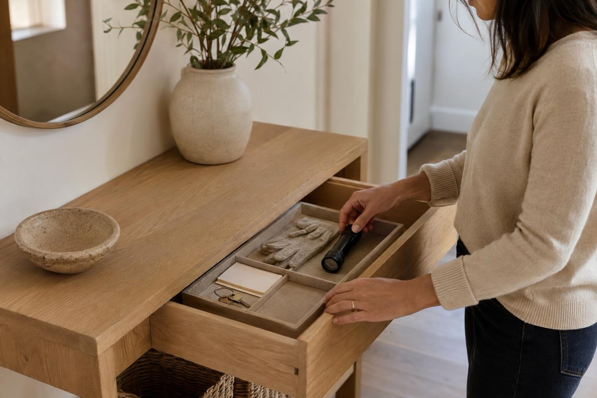 Hazel sorts keys, papers, and small household items beside an entryway drawer tray and a small Botanic cleaner bottle.
