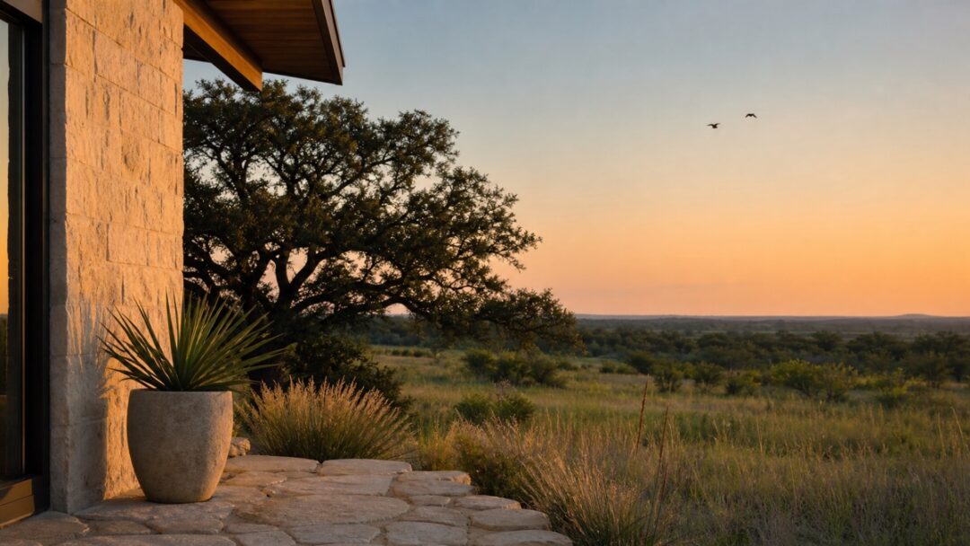 Warm evening light on pale limestone beneath a clear Texas sky, with distant birds crossing above live-oak shade and summer-green grasses.