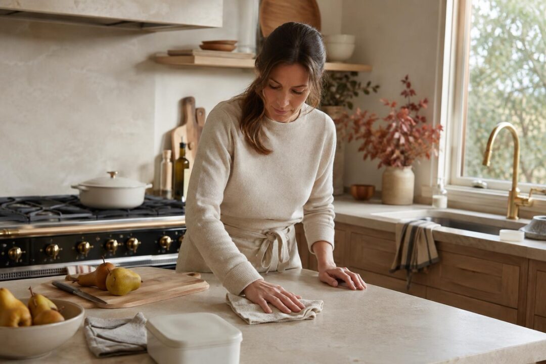 Hazel wipes a kitchen counter near a stove and sink with a Botanic kitchen cleaner bottle in easy reach.