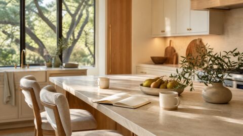 Two ceramic mugs and an open blank notebook at a light-filled kitchen island, with counter stools turned toward each other and live oaks beyond the windows.