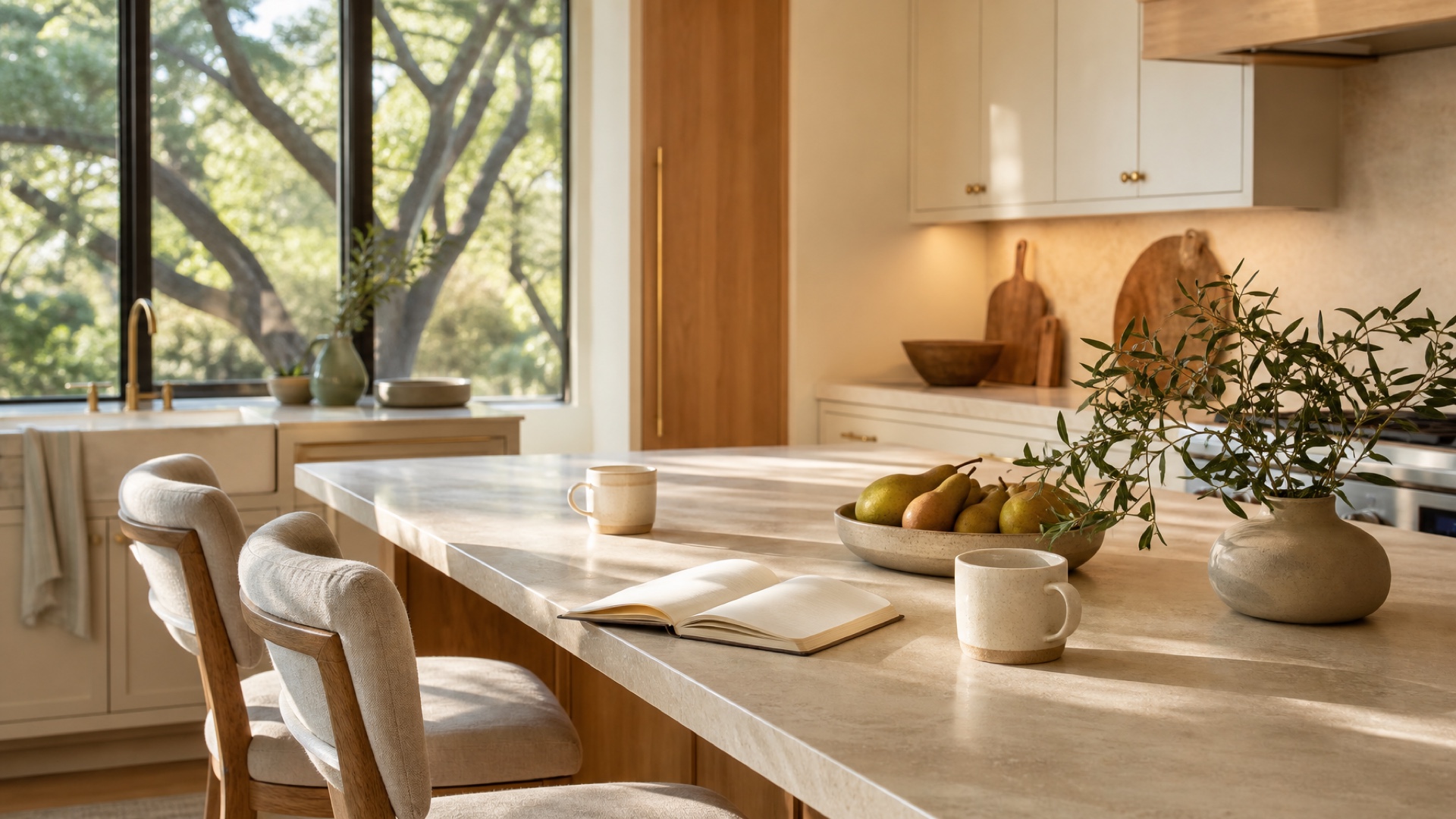 Two ceramic mugs and an open blank notebook at a light-filled kitchen island, with counter stools turned toward each other and live oaks beyond the windows.