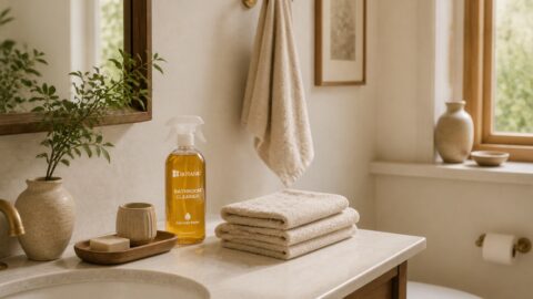 Hazel checks a guest bathroom counter with folded towels and a Botanic bathroom cleaner bottle near the sink.