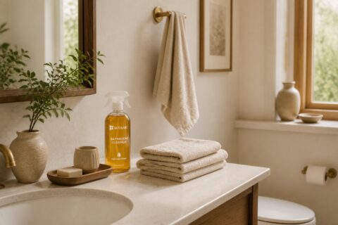 Hazel checks a guest bathroom counter with folded towels and a Botanic bathroom cleaner bottle near the sink.