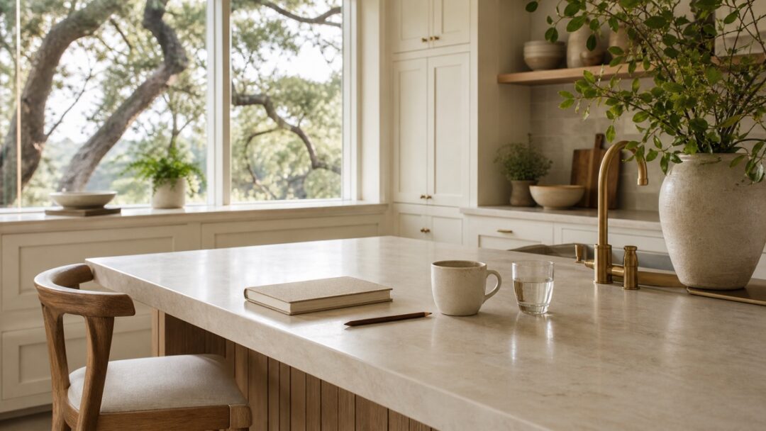A closed notebook, dark-wood pencil, ceramic mug, and glass of water rest on a light-filled kitchen island beneath a view of mature live oaks.