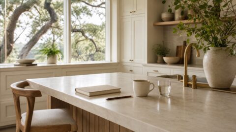 A closed notebook, dark-wood pencil, ceramic mug, and glass of water rest on a light-filled kitchen island beneath a view of mature live oaks.