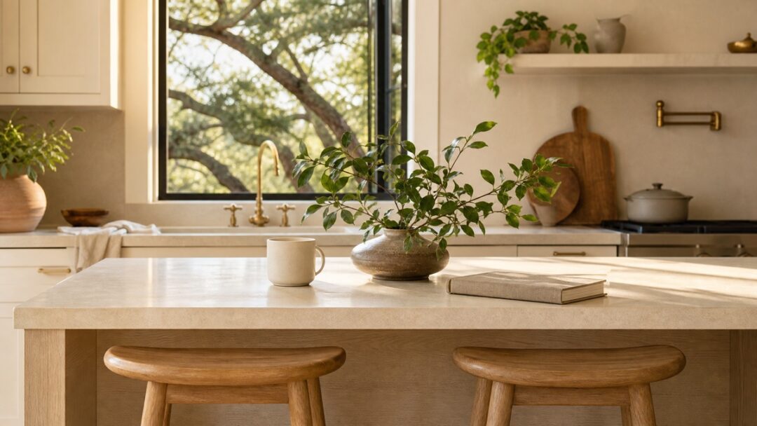 A ceramic mug, leafy branch, and closed notebook rest on a light-filled kitchen island with open windows facing mature live oaks.