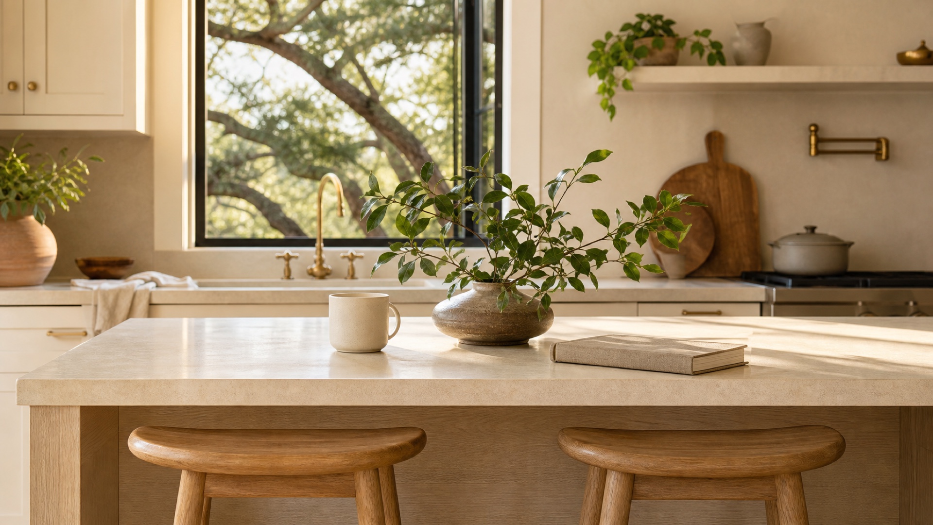 A ceramic mug, leafy branch, and closed notebook rest on a light-filled kitchen island with open windows facing mature live oaks.