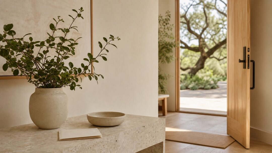 A leafy branch, ceramic catchall, and unmarked folded note rest on a light-filled entry table beside an open doorway.