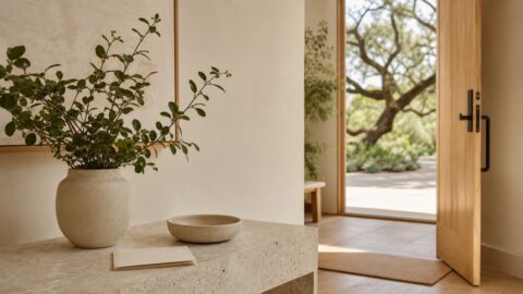 A leafy branch, ceramic catchall, and unmarked folded note rest on a light-filled entry table beside an open doorway.