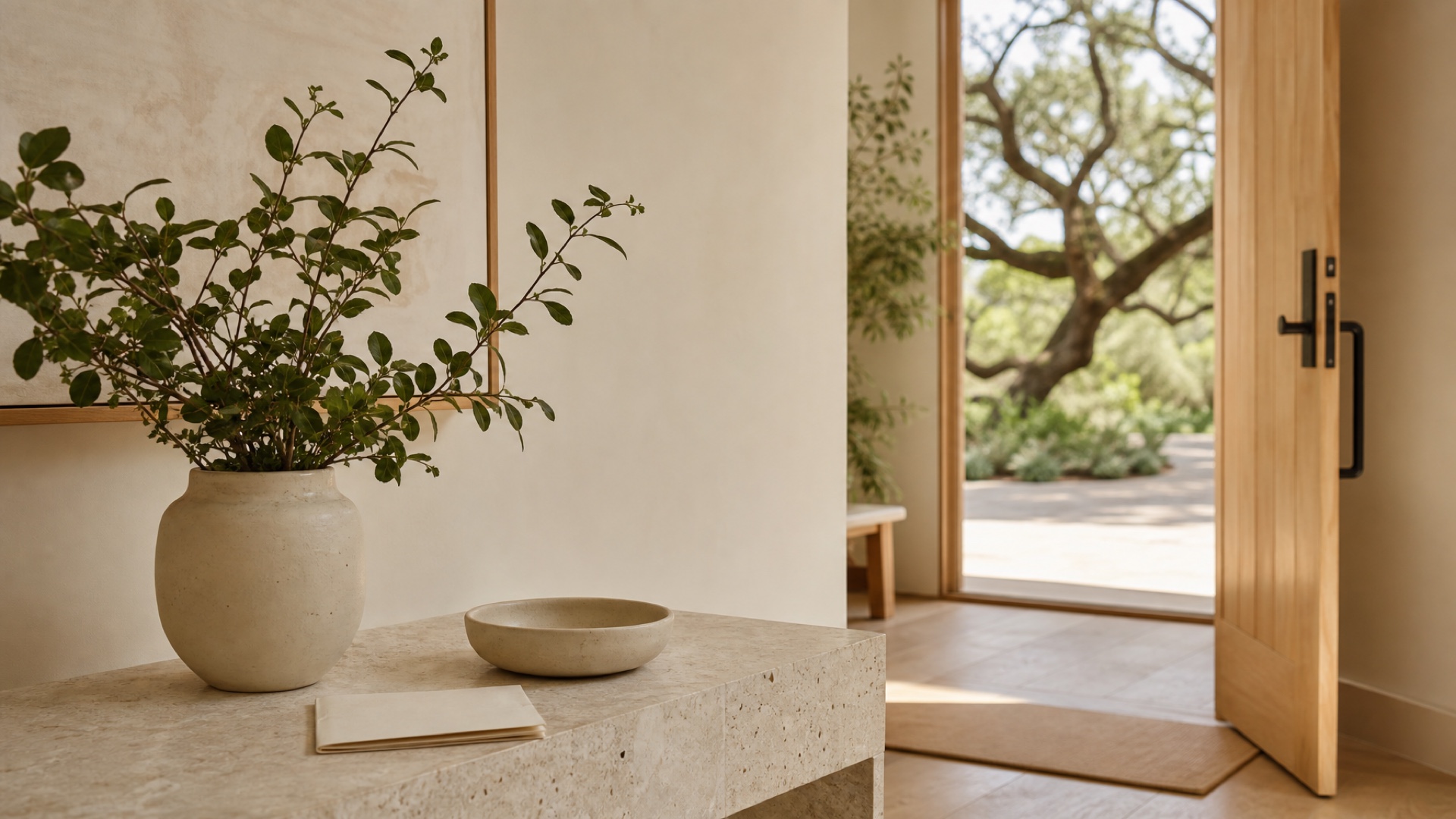 A leafy branch, ceramic catchall, and unmarked folded note rest on a light-filled entry table beside an open doorway.