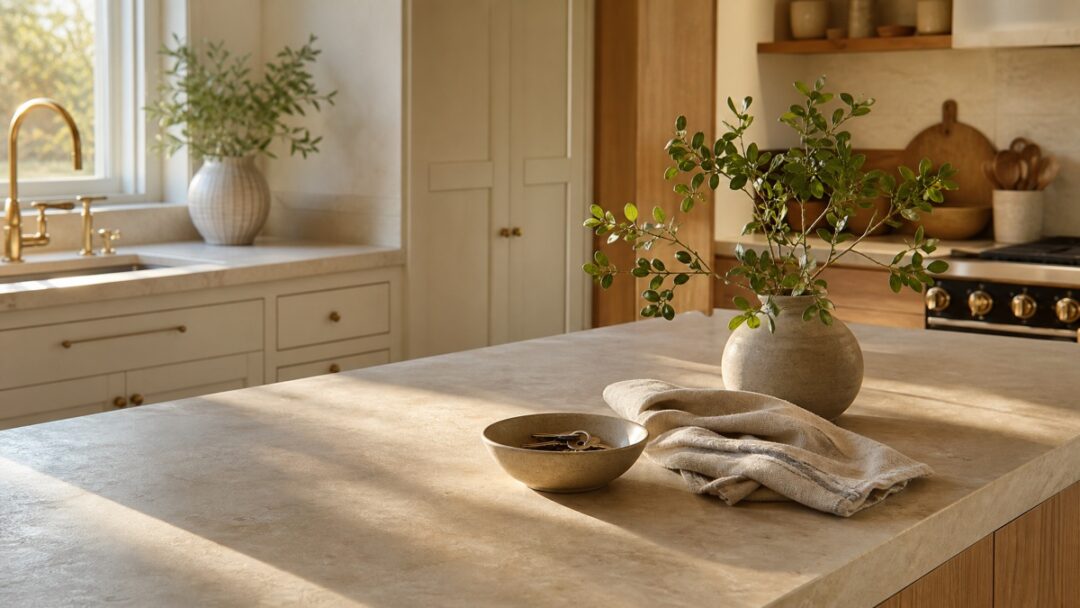 A tidy kitchen-island corner with a ceramic key bowl, folded linen towel, and live-oak branch in warm afternoon light.