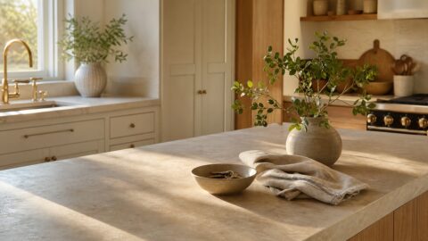 A tidy kitchen-island corner with a ceramic key bowl, folded linen towel, and live-oak branch in warm afternoon light.