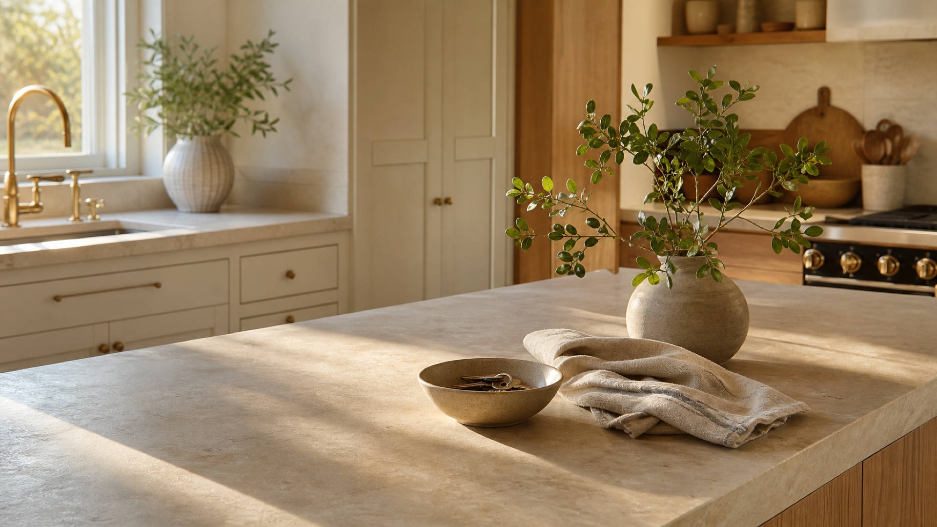 A tidy kitchen-island corner with a ceramic key bowl, folded linen towel, and live-oak branch in warm afternoon light.