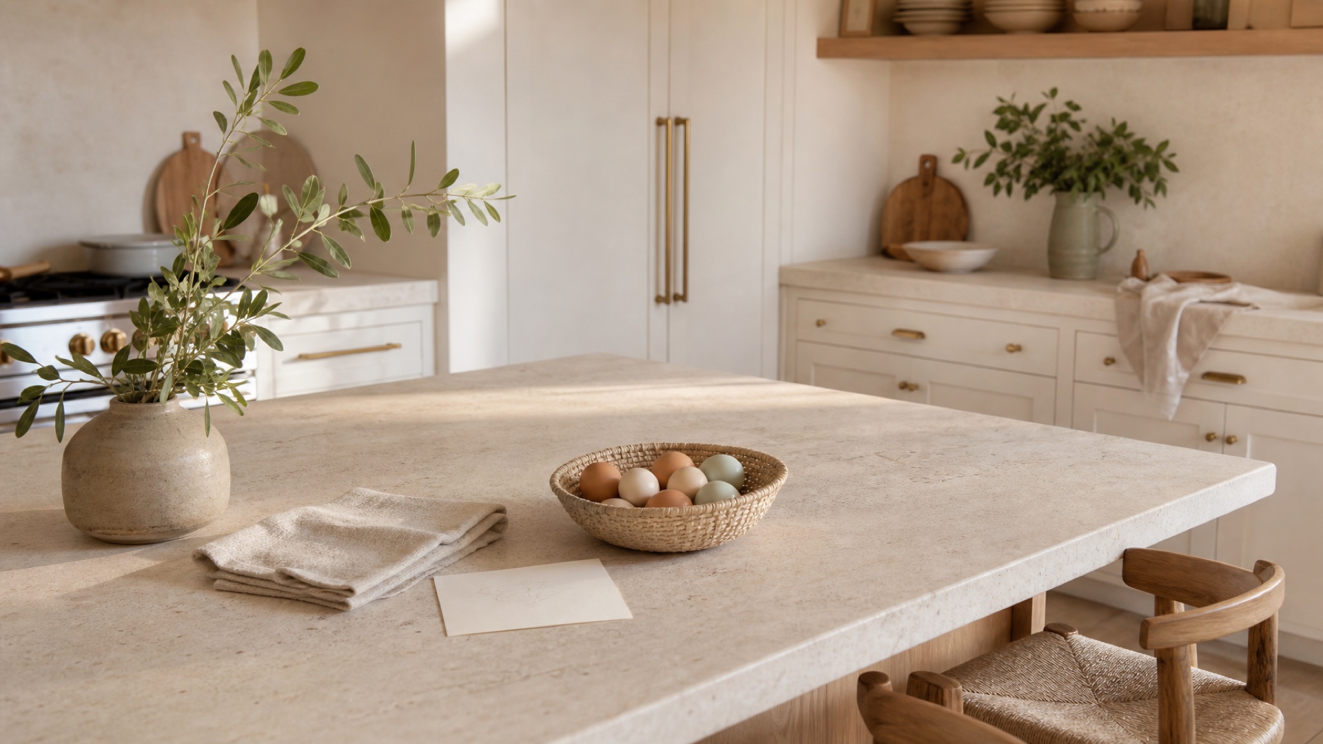 A small basket of unmarked brown and pale-blue eggs rests on a light-filled kitchen island with linen and leafy branches.