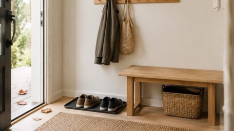 Hazel arranges a boot tray, basket, mat, and Botanic cleaner bottle near a fall entryway.