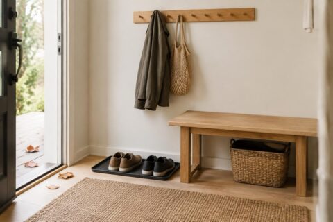 Hazel arranges a boot tray, basket, mat, and Botanic cleaner bottle near a fall entryway.