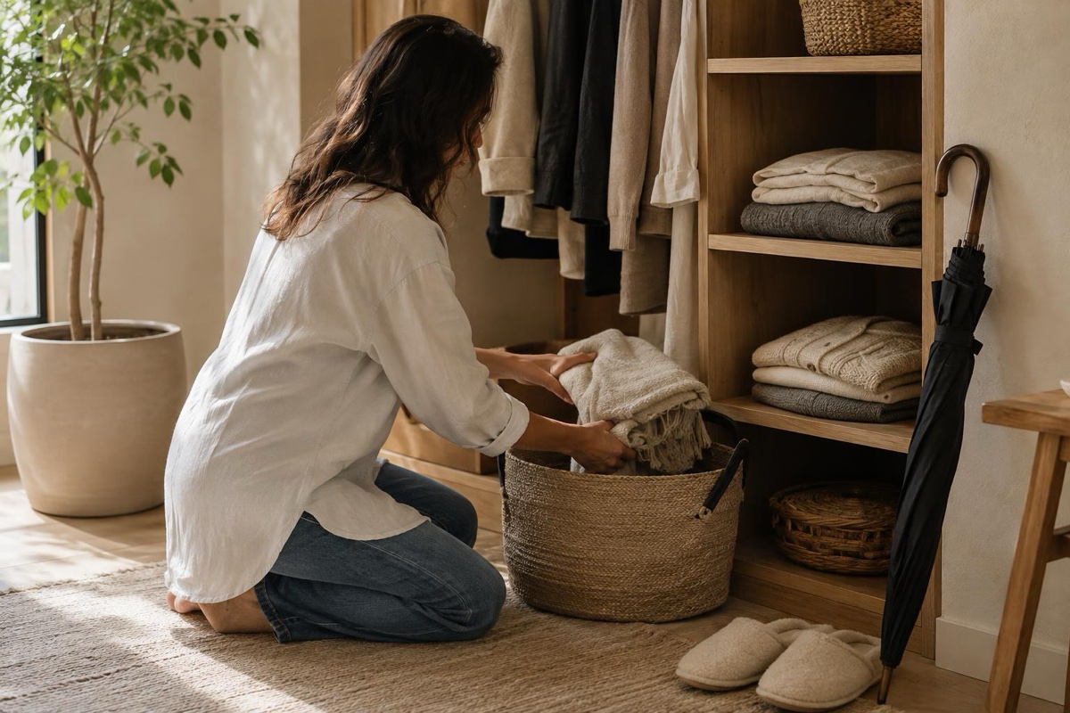 A folded seasonal throw and storage basket sit beside a Botanic cleaner bottle during an October home reset.