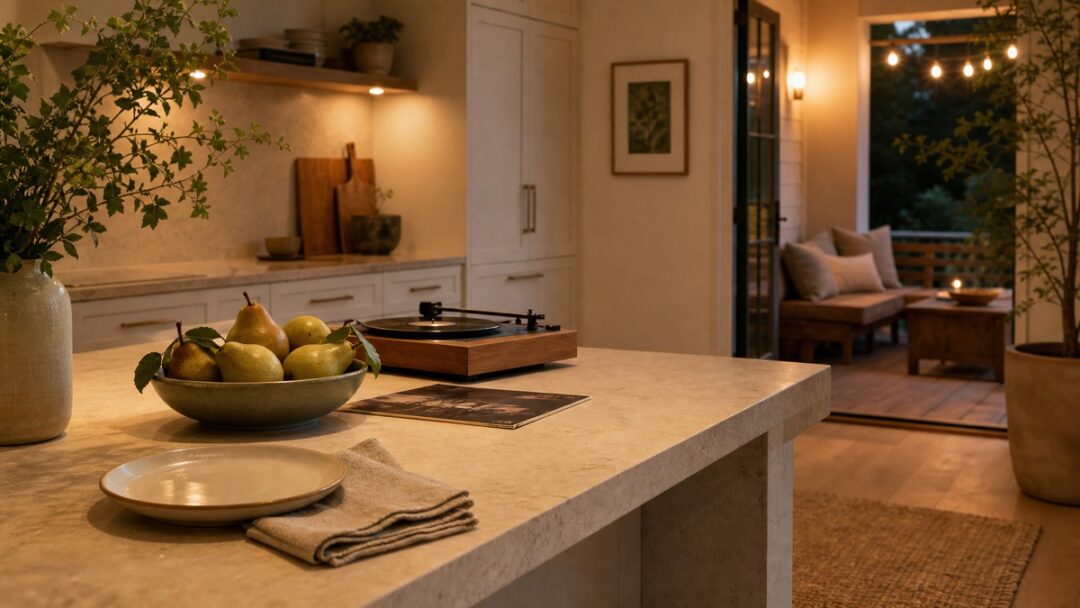 An early-evening kitchen island with a ceramic plate, linen napkin, pears, leafy branches, and a softly glowing porch beyond.