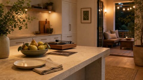 An early-evening kitchen island with a ceramic plate, linen napkin, pears, leafy branches, and a softly glowing porch beyond.