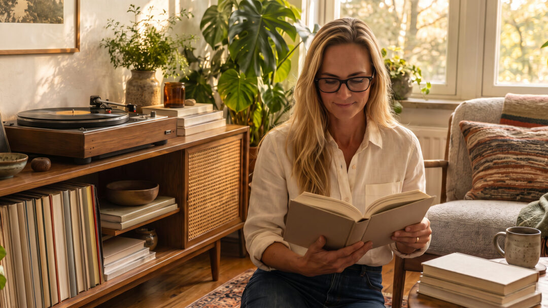 Jennifer reads on a gray sofa in the warm, plant-filled Botanic Home, surrounded by books and a vintage record console.