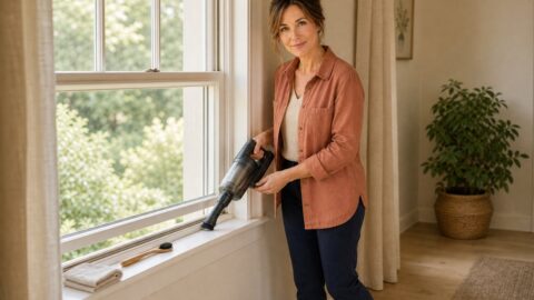 Hazel vacuums loose grit from the interior track of a cream-painted window with a soft brush attachment while a folded cloth and small detailing brush wait on the sill.