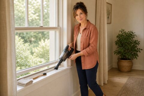 Hazel vacuums loose grit from the interior track of a cream-painted window with a soft brush attachment while a folded cloth and small detailing brush wait on the sill.