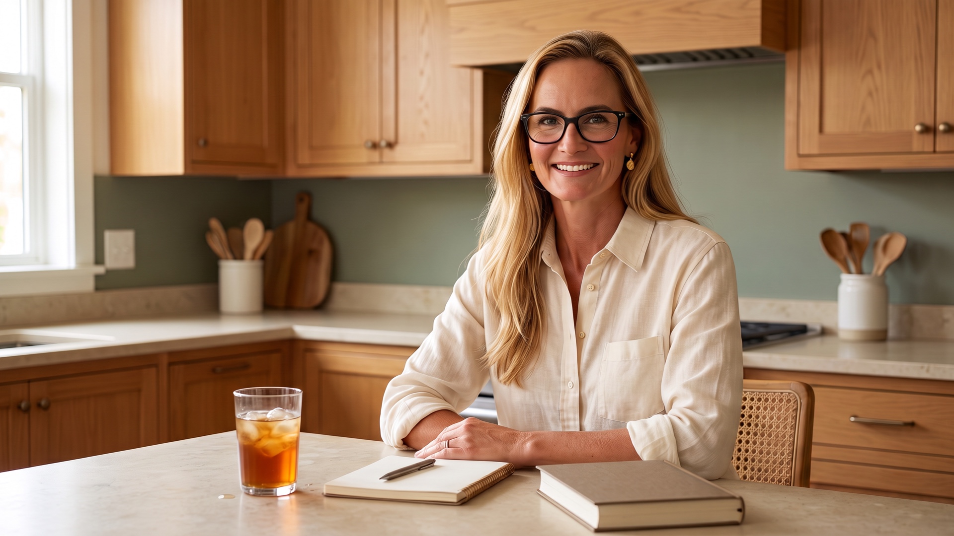 Jennifer sits at a kitchen island with iced tea, a notebook, and a book in a warm wood kitchen.