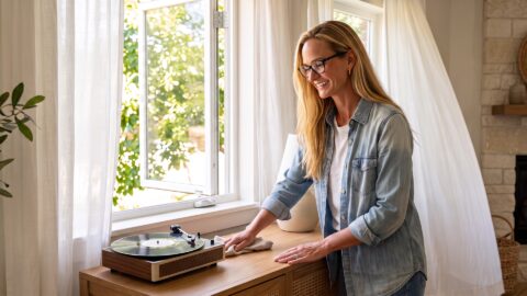 Jennifer cleans a wooden console beside a record player while sunlight and air move through open windows.