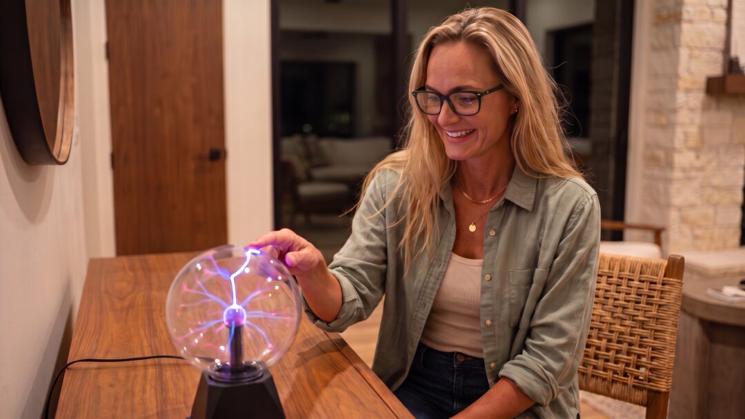 Jennifer smiles while touching one glowing plasma globe on a wooden table.