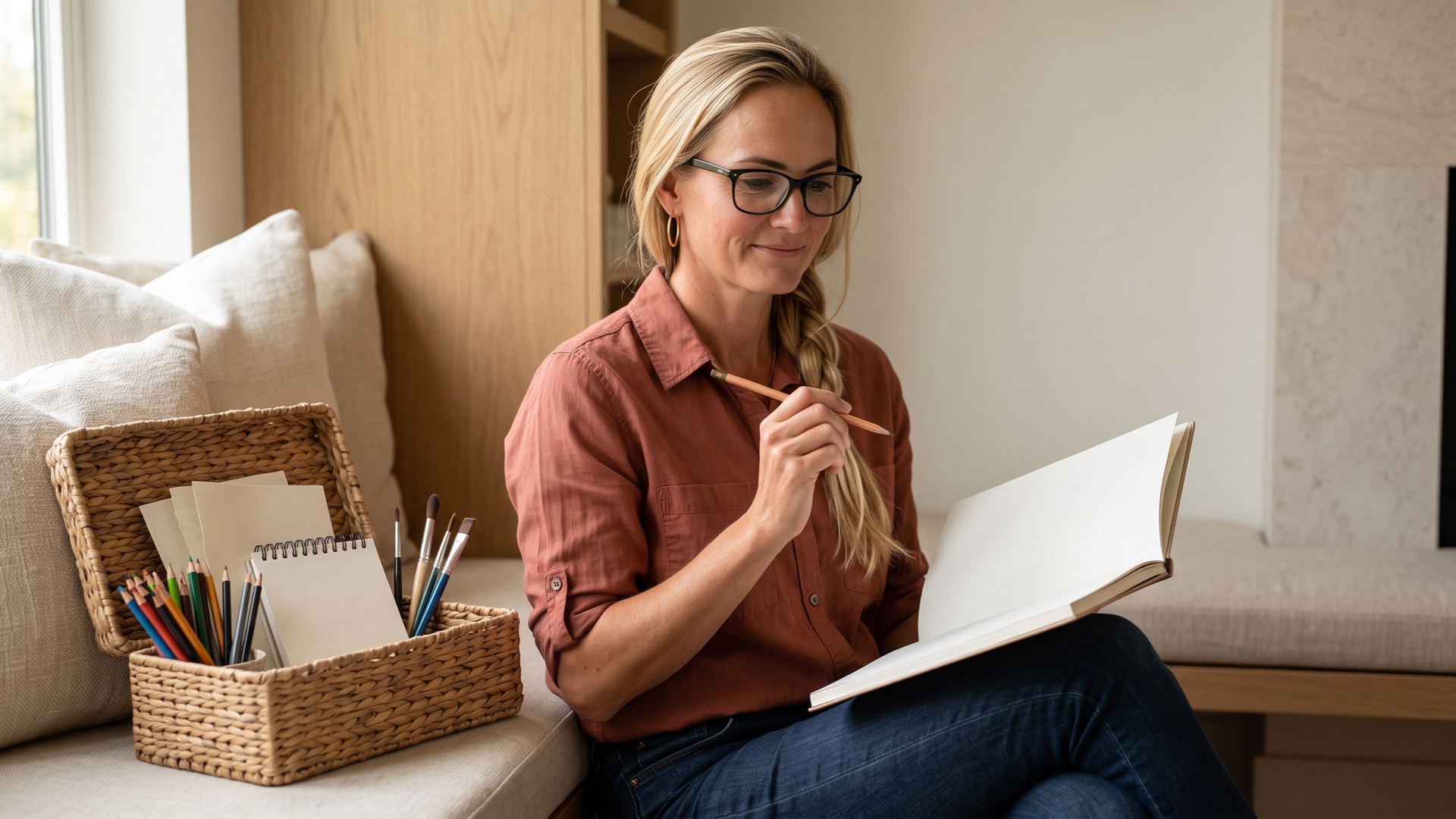 Jennifer holds a pencil and sketchbook beside a woven basket filled with drawing and painting supplies.