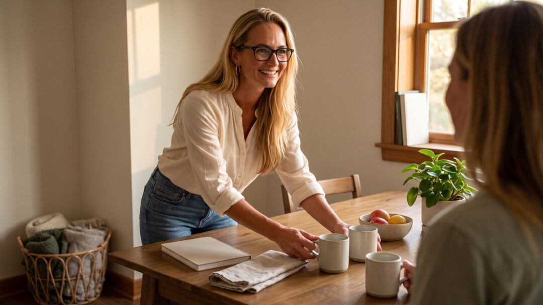 Jennifer welcomes a guest beside a lived-in dining table with two ceramic mugs.