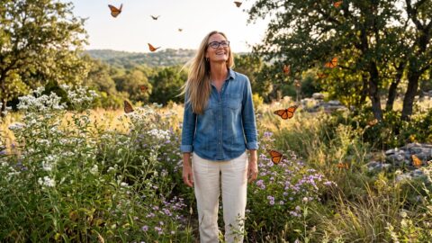 Jennifer watches migrating monarch butterflies above a native Texas garden.