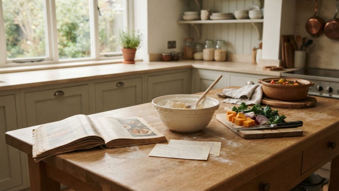 A family kitchen worktable holds a cooking magazine, mixing bowl, vegetables, and dinner in progress.
