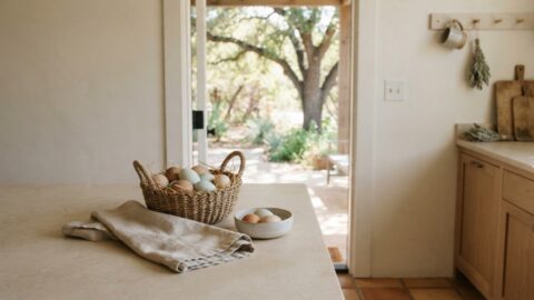 A woven basket of backyard eggs rests near an open doorway in a warm Texas kitchen.