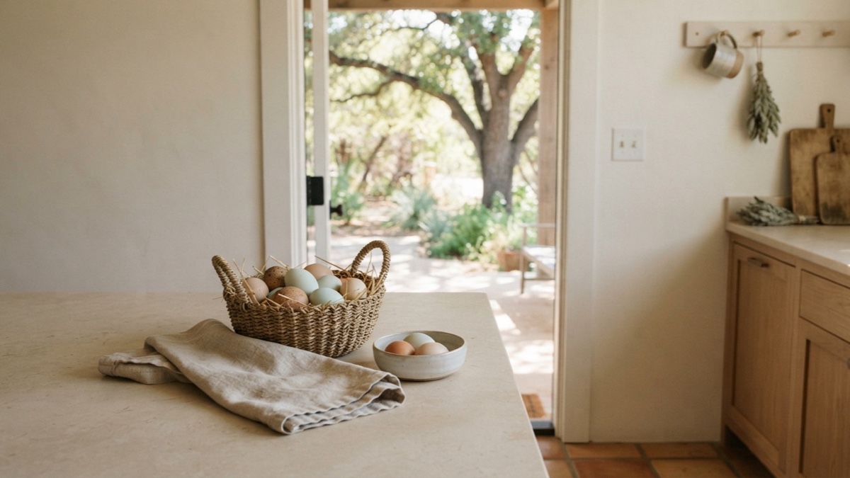 A woven basket of backyard eggs rests near an open doorway in a warm Texas kitchen.