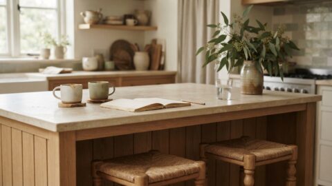 Two mugs and a blank notebook wait at a kitchen island arranged for a thoughtful conversation.