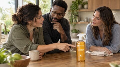 Three adults lean into a thoughtful kitchen conversation while one points toward a Botanic All-Purpose Cleaner bottle on the wooden island.