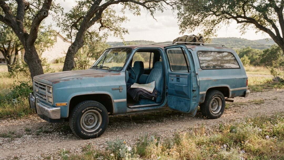 A weathered 1990 square-body Chevrolet Suburban waits beneath live oaks on a Texas gravel drive.
