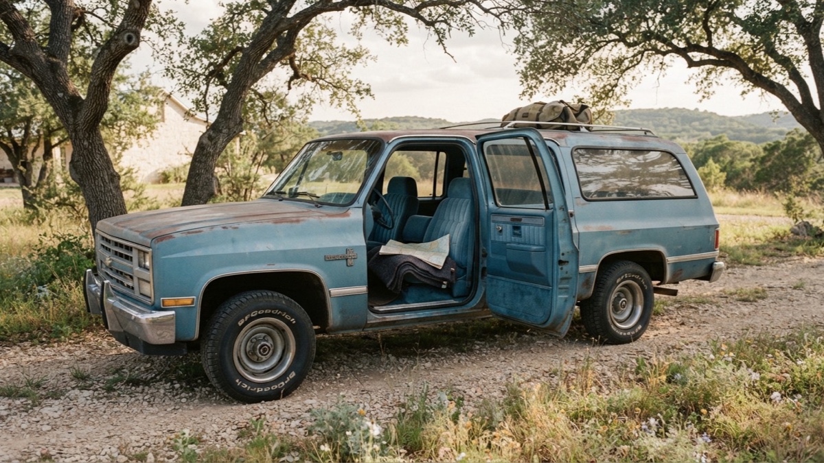 A weathered 1990 square-body Chevrolet Suburban waits beneath live oaks on a Texas gravel drive.
