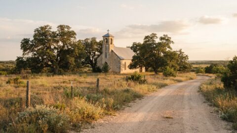 Historic limestone church architecture stands among live oaks and native grasses near Panna Maria, Texas.
