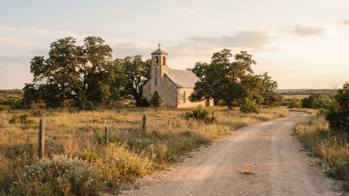 Historic limestone church architecture stands among live oaks and native grasses near Panna Maria, Texas.