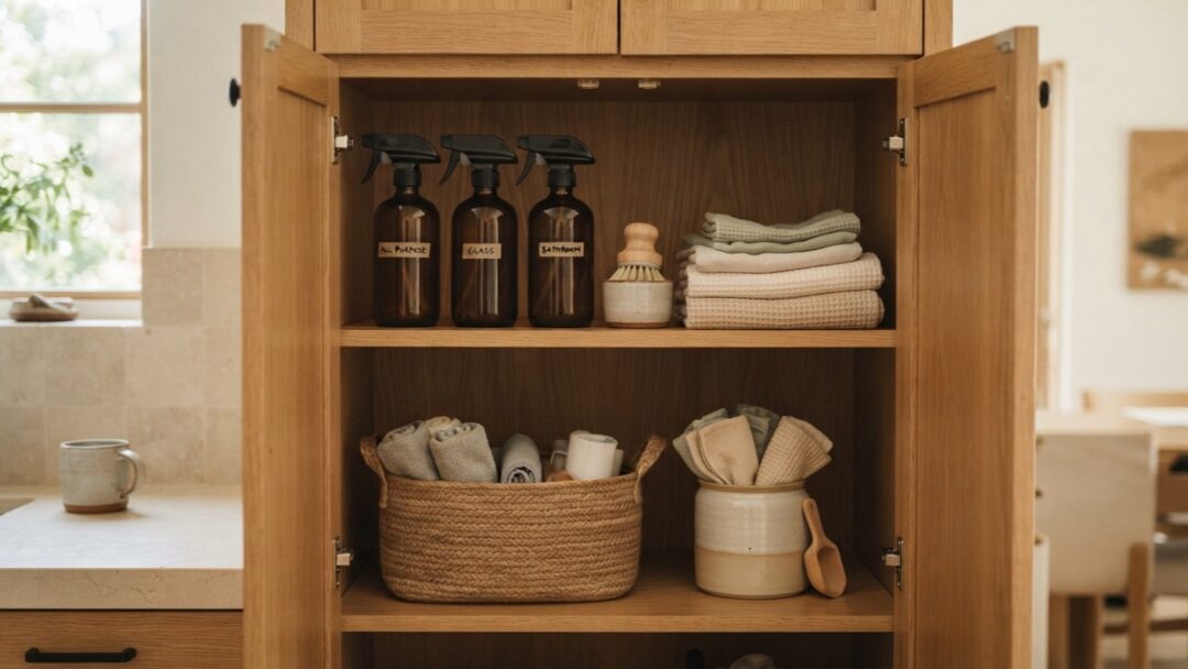 An open household cabinet keeps unbranded cleaning tools and refillable bottles within easy reach.