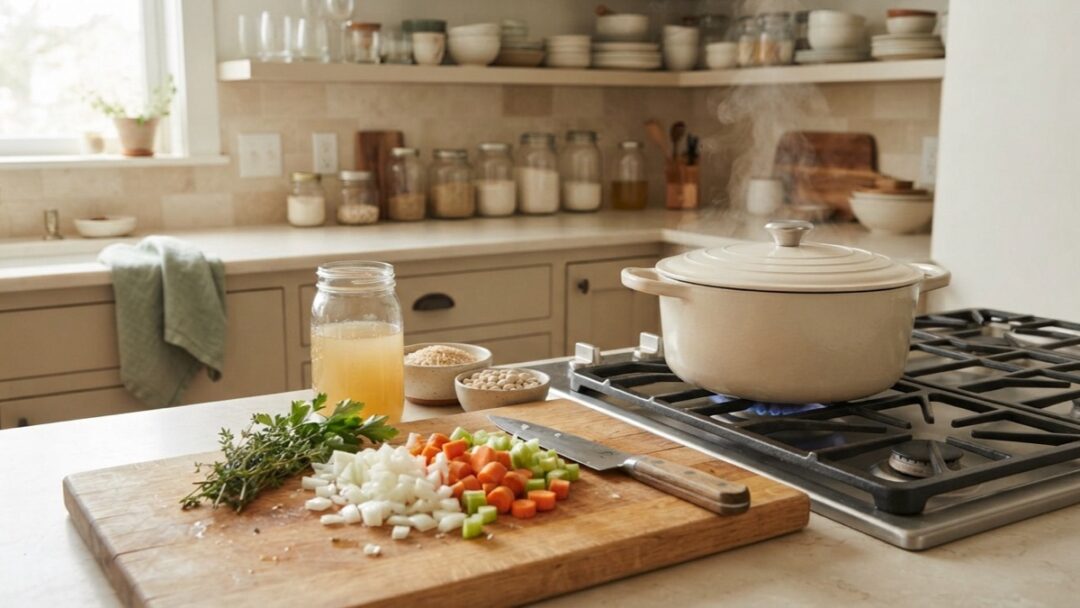 Basic pantry ingredients and fresh vegetables surround a simmering Dutch oven in a home kitchen.
