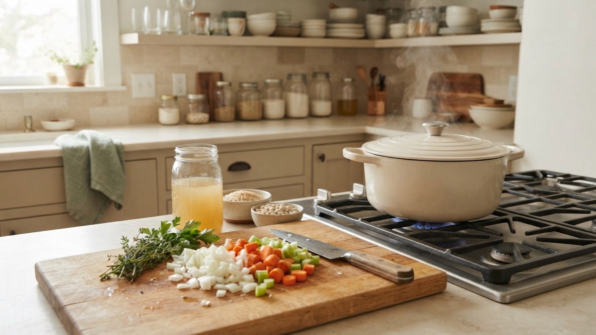 Basic pantry ingredients and fresh vegetables surround a simmering Dutch oven in a home kitchen.