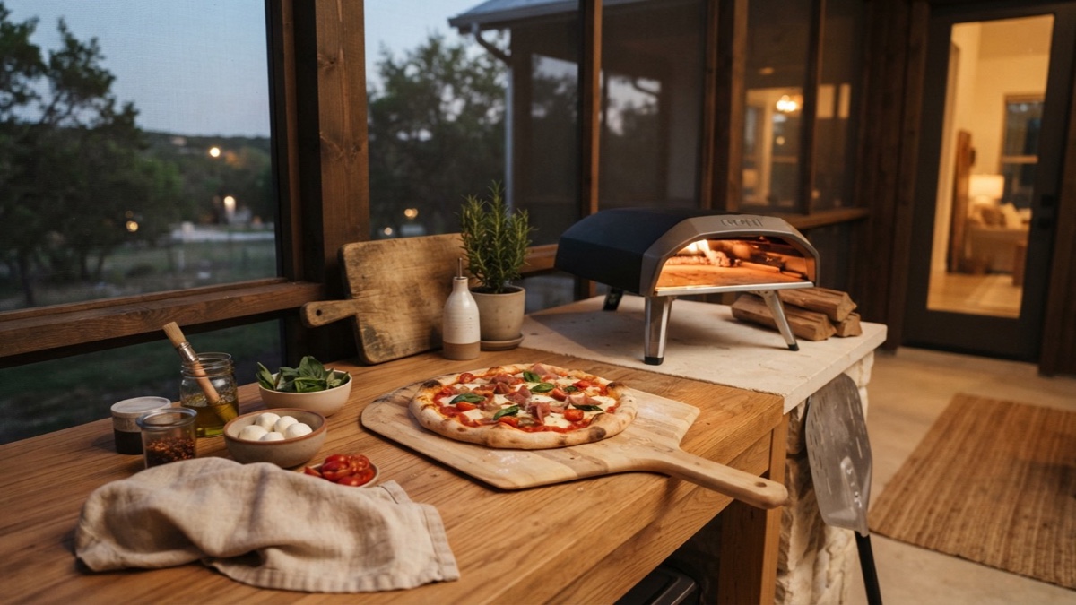 A hand-stretched pizza and prepared toppings sit beside a porch pizza oven at dusk.