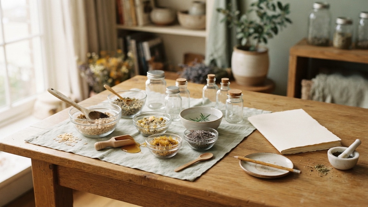 Small bowls of simple household ingredients invite playful experimentation at a bright worktable.