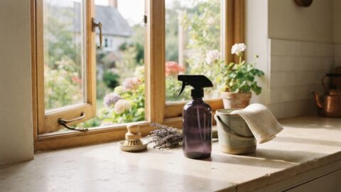 A folded cloth and unbranded purple-toned bottle rest in a sunlit home cleaning vignette.